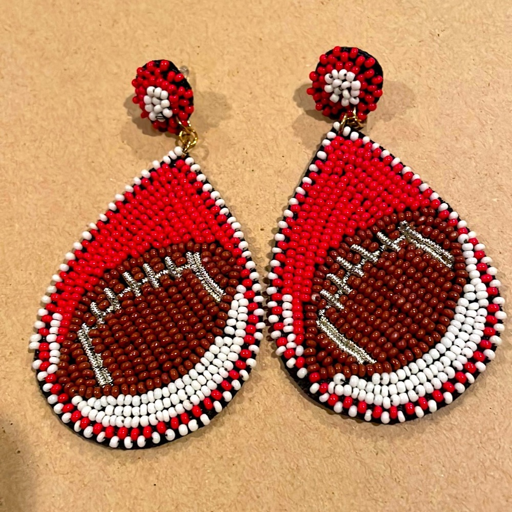 ❤️🤍Madeline Red White Beaded Football Teardrop Earrings
